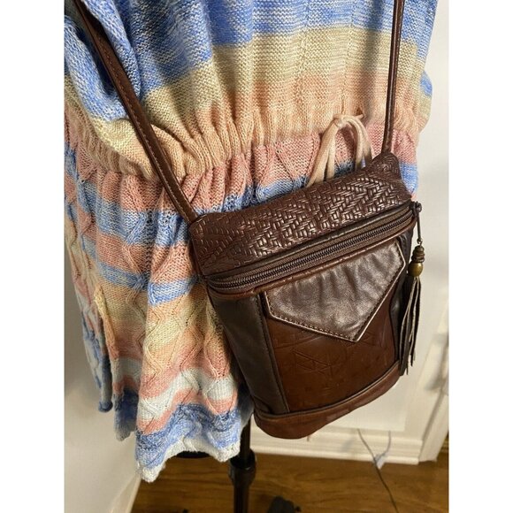 Vintage Brown Tooled Leather Cross Body Purse Handbag Shoulder Bag Tassel 9"x6" - Picture 9 of 16